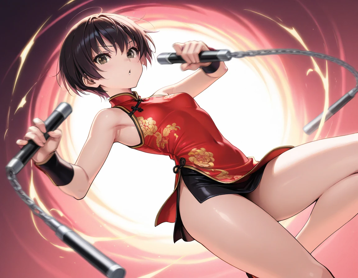 Human Woman。smile、Underground Fighting Arena、Martial Arts Ring、Dark brown ponytail、Fighter、Uplifting、Belly button exposed、Open your legs a little、Colorful fighting costume