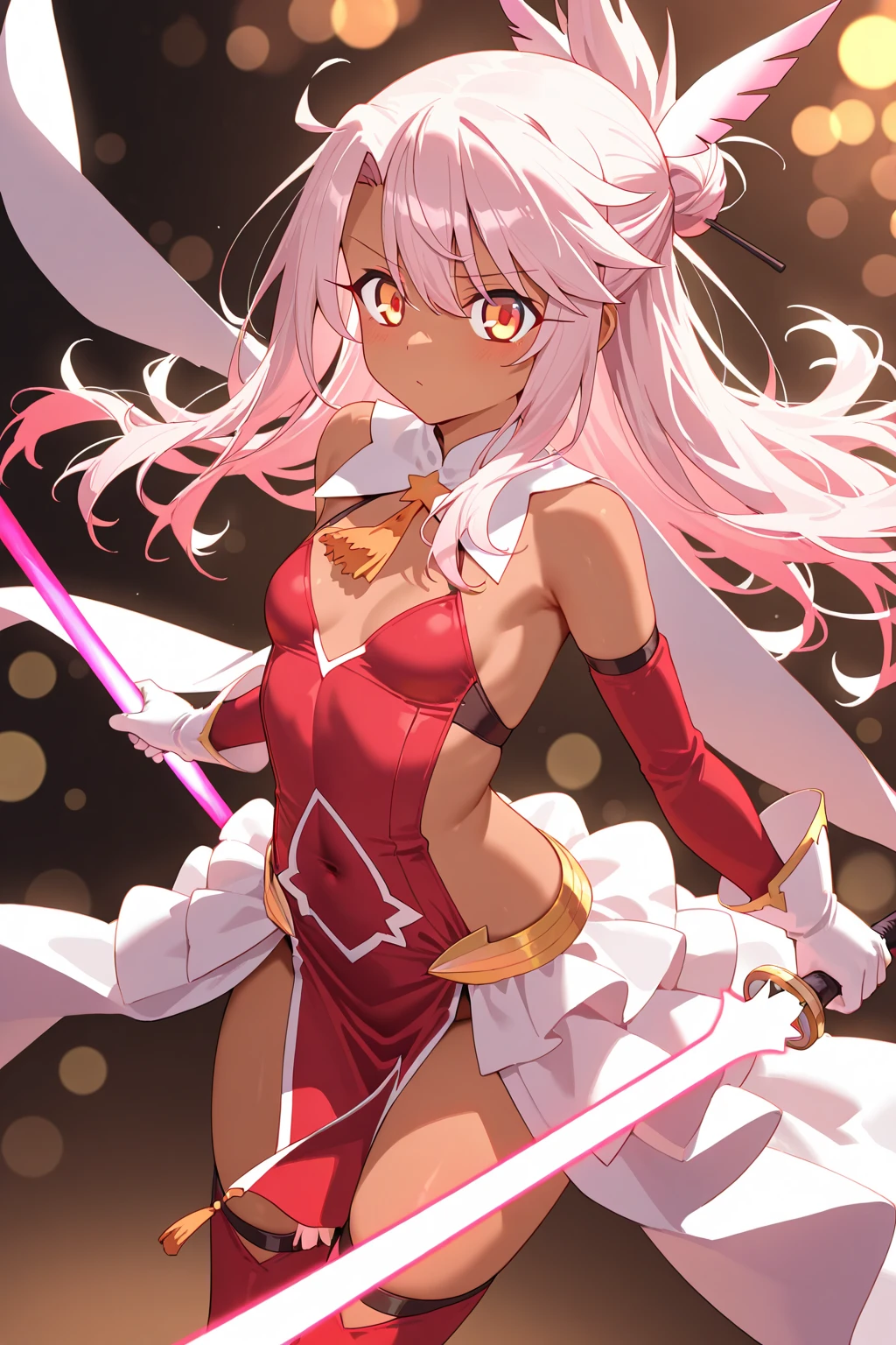 Vaggie, 1girl, gray skin, white hair, pink sclera, yellow pupils, long hair, white dress, pink and white striped stockings, hair bow, long gloves, perfect anatomy, solo
