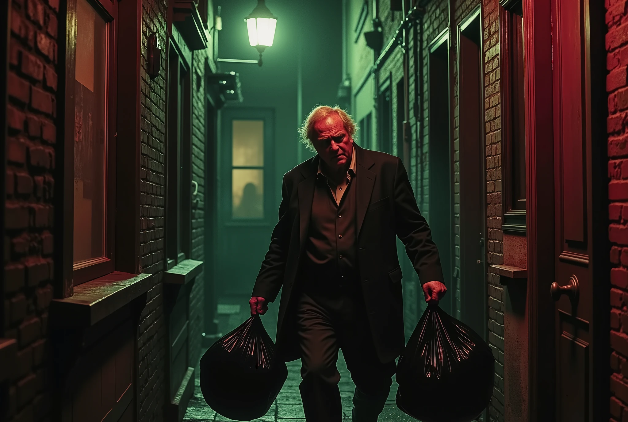 Older man, a little overweight, lives alone in an old Brown Stone apartment complex in classic NYC, from the 1950s, Alfred Hitchcock's Rear Window aesthetic, he is peeping and peeking on his neighbors, he is looking down the hallway late at night, nervously and secretively dragging large black plastic garbage bags, noir film vibe, Giallo film, fumetto, ominous aesthetic, Shadowy, gritty, voyeuristic, moody, suspenseful, retro, eerie, cinematic, mysterious, urban, tense, atmospheric, lurid, vintage, unsettling, Muted colors, high-contrast, sepia tones, chiaroscuro lighting, grainy texture, Dutch angles, low-key lighting, deep shadows, wide shots, voyeuristic framing, retro mise-en-scène, noir palette, Giallo vibrancy, smoky ambiance, cinematic composition, detailed, intricate, medium contrast, murky red and green back lighting, volumetric lighting, Frazetta, James Bama, Jim Steranko, Bernie Wrightson, lurid and vivid, NSFW, perfect anatomy, masterpiece, HD, 8x, "anatomically correct human" "realistic proportions" "natural human pose" "full figure, accurate anatomy" "correct fingers and joints" --"1970s Giallo cinema, moody lighting, chiaroscuro, Italian pulp comic color palette, saturated reds and greens, film grain, foggy lens, dramatic shadows, unnatural angles, Mario Bava meets Frank Miller."-- a scene that could be from a Giallo comic or a lost Alfred Hitchcock frame.”