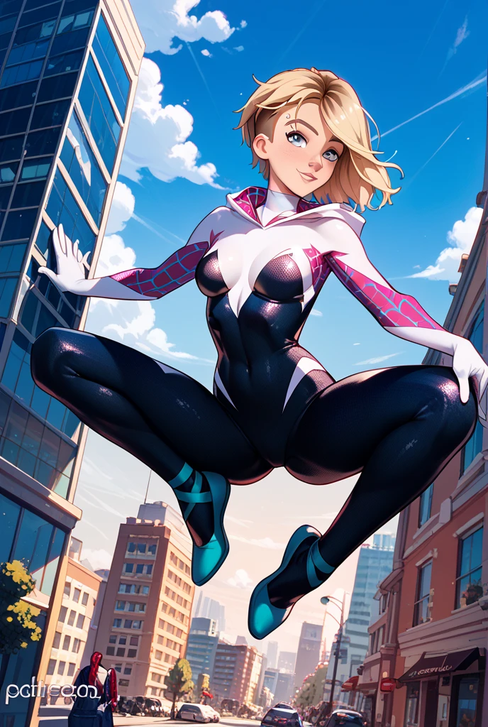 Gwen stacy from spider man hanging off a wall, blonde, white spider suit, tight suit, cameltoe, building, climbing,