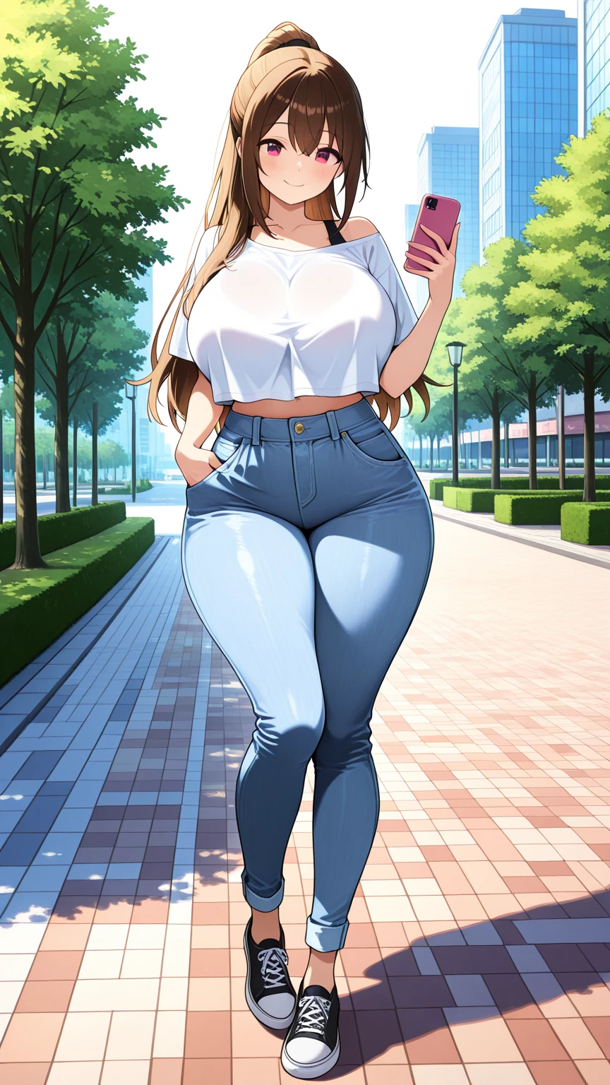 an adult woman, He has a robust and curvy build. Her hips and bust are pronounced, which gives you an hourglass figure, some wrinkles on the face, short brown hair, yellow eyes, a mole on the cheek, big breasts, wide hips, wide stomach, thick thighs, low height, huge beige sweater, blue jeans, full body view, alone, on a bus, standing