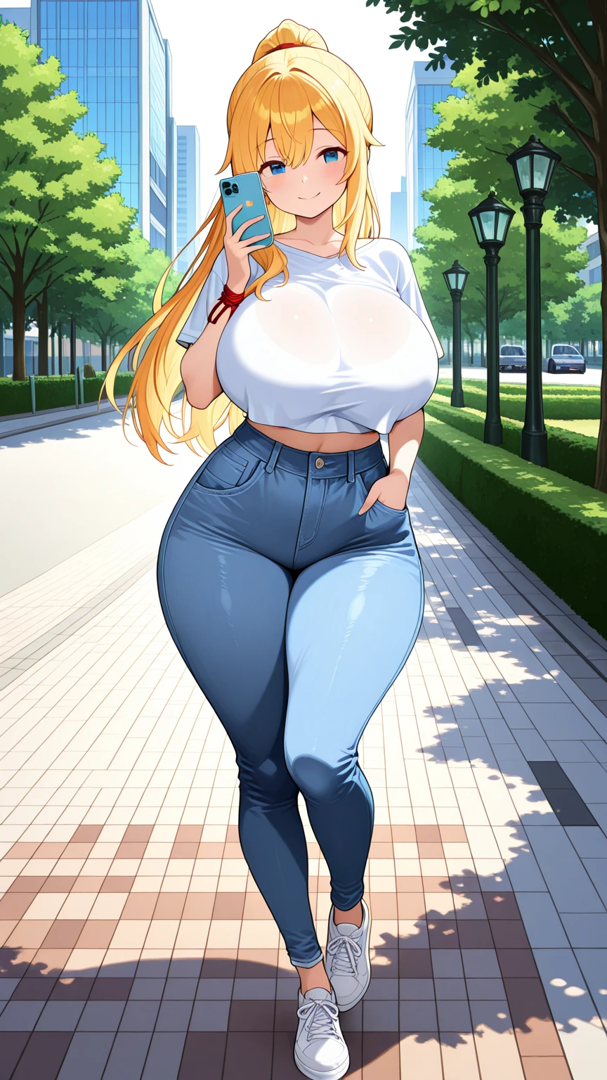 High resolution, Tsunade Senju, 1 girl, ((bimbo))), long blond hair, green eyes, cute smile face, sexy face, puffy lips, painted lips, thick lips, wide hips, thick thighs, huge ass, , enormous huge natural breasts, cleavage, mature mom, high waist jeans, white top, walking,
