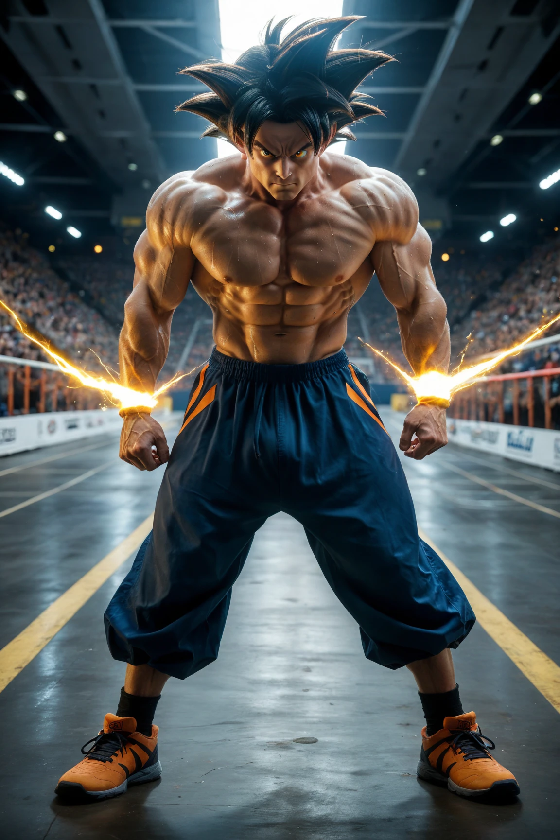 Son Goku, 1 chico, Closed mouth, male focus, muscular, muscular male, rock, Wad of bills, Serious, Alone, spiky hair, topless man, torn clothes, ultra instinct, black eyes, black fur, ((Masterpiece))