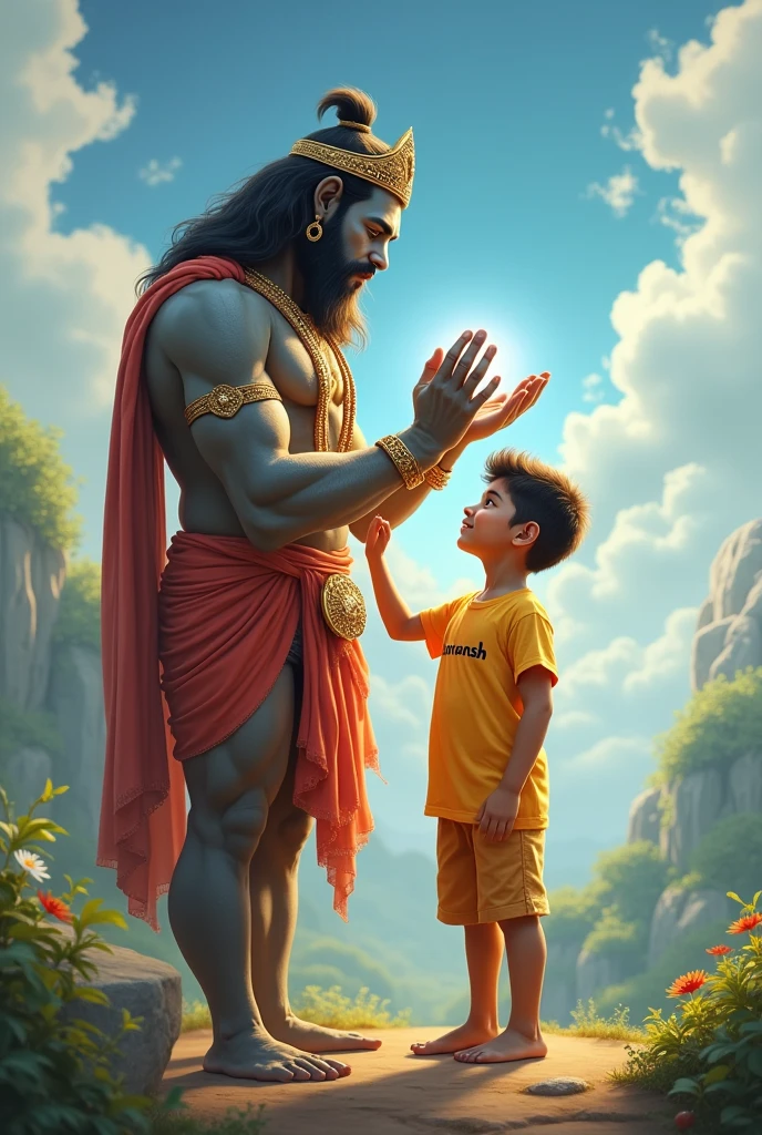 Create a realistic image of lord krishna.In a village river named “Bangi Khola”.with his 8 friends on one boy tshirt name “Ishwori”.Backgound colour is sunrise