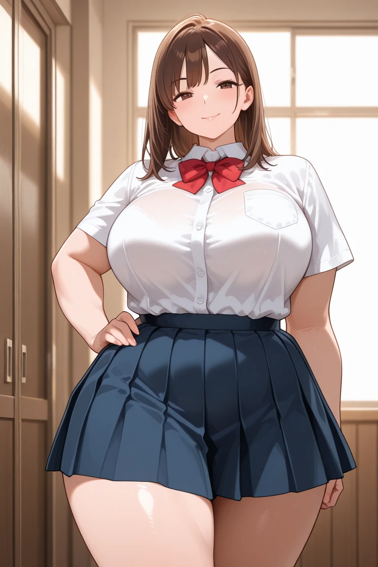hmanga, (best quality, masterpiece:1.2), ultra detailed, (anime), 1girl, Izumi Nogami \(Ijirare Fukushuu Saimin\), brown hair, Side ponytail, brown eyes, large breasts, lips, white shirt,red bowtie, pleated_skirt, black skirt, black socks, standing, hands on hips, (front view),