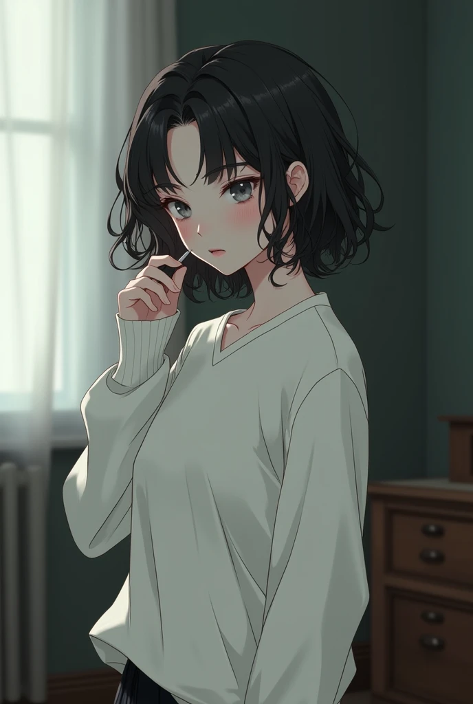 American girl of 18, video gamer, wearing translucent short T-shirt, black hair, ((blush: 0.8)), natural skin texture, 4K textures, highly detailed, insane details, faint colors , ((long wavy hair)), ((smile on face: 0.4)), (no : 0.2), ((looking directly at the camera)), ((tilted head: 0.8 )), ((large :1)).  