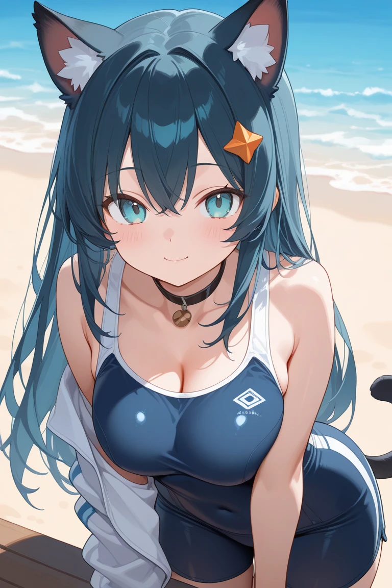 lightblue hair，teens girl，beachside，Bikini swimsuit，Close-up of panties，suns，Cat lady，The two hands turned into big cat paws，Zhang has a cat beard，Light close-up，Enhance the light，morningglow，Expose a little，Smooth skin