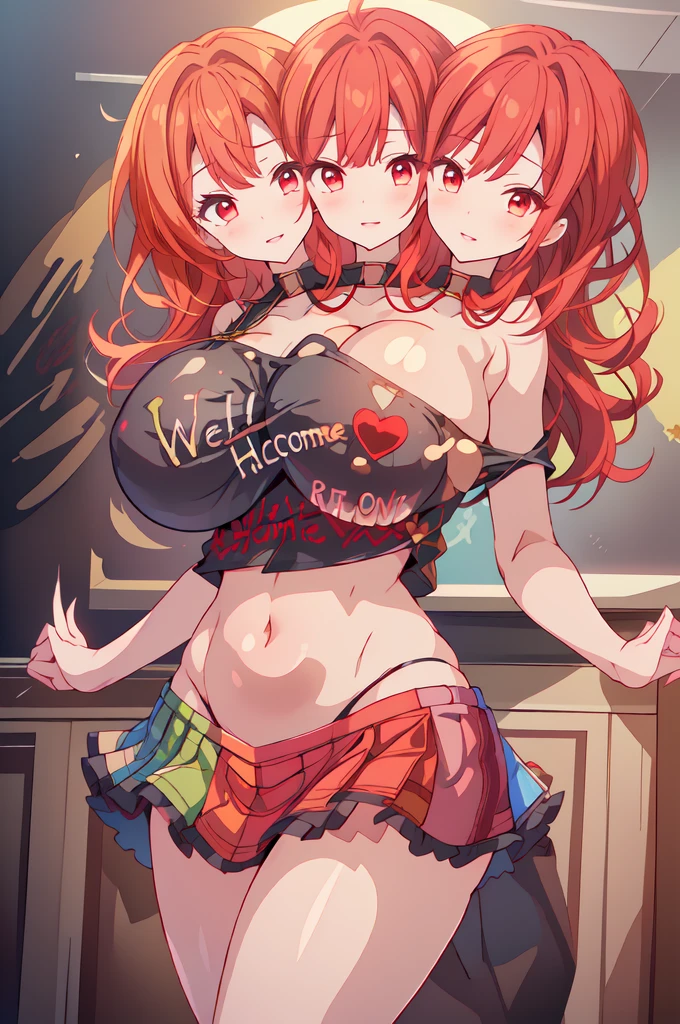 (masterpiece, best quality), best quality, (ultra-detailed), (3heads:1.5), 1girl, (hecatia lapislazuli:1.3), masterpiece, (high quality), (high resolution), (best quality:1.5, highres, UHD), highres, absurdo, ultra detail, ultra quality black top, crop top, ((stomach)), midriff, ((groin)), plaid skirt, miniskirt, multicolored skirt, normal ears, shackles, red hair, very long hair, wavy hair, sidelocks, red eyes, parted lips, open belly, sweat, cute, toned belly, hand on own chest, eyelashes, (24 year old woman:1.3), (masterpiece:1.5), (best quality:1.5), (beautiful detailed), extremely detailed CG, extremely delicate and beautiful, depth of field, (finely detailed face), (perfect details:1.2), (mature female:1.3), wide pelvis, slender, large veiny breast, 16k resolution, high quality, high definition, extremely detailed, masterpiece, best quality, red hair, long hair, alluring presence, twin braid, short skirt, close up, big tits, young, striped, earth (ornament), moon (ornament),