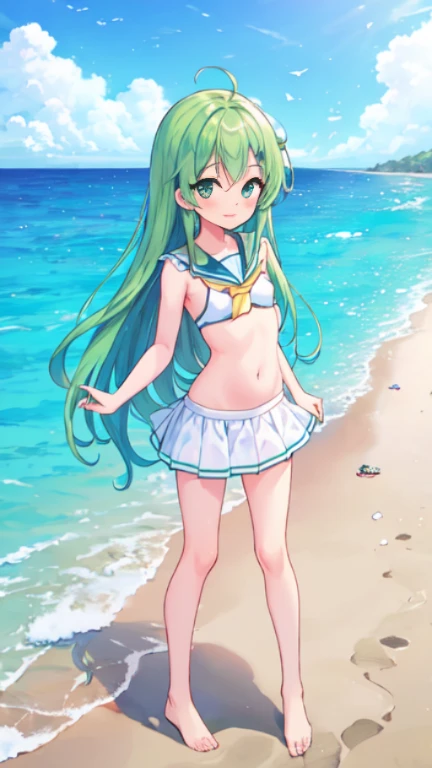 obra maestra, mejor calidad, 1 girl in, solo, kirlia, cabello verde, ojos rojos, en un yate, riendo, bikini, bikini de dos piezas, senos grandes, senos femeninos grandes y redondos, embarazada, bikini rojo.