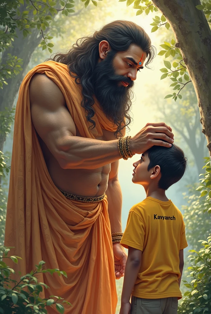 A boy wear whit t shirt name " Arnav" hug lord hanuman real hd pic