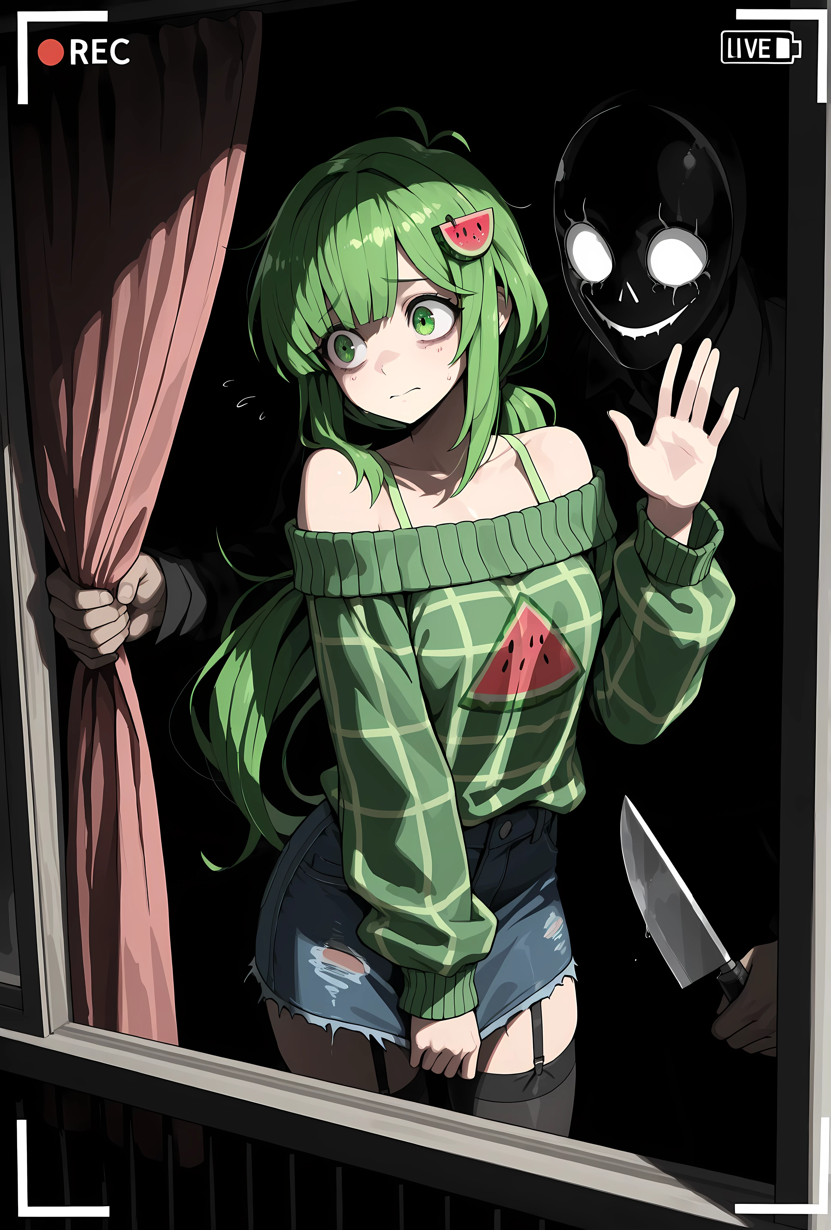 (masterpiece:1.2, Best Quality), (finely detailed beautiful eye: 1.2), (beautiful detailed face), camera frame with “rec” in top left, dark, creepy. character: Vannamelon, standing, back to viewer, she is looking out her window, she looks worried and afraid, peering through the curtains as if hiding, green off-shoulder sweater, denim skirt, stockings, thin, green hair, small watermelon shaped hairpin in hair, the melon hairpin has a scared face, green eyes, long hair , low ponytail, thin, outside the window we see a large man who cleaning the gutters on the adjacent house, a fence separates the window view from the house, the man wears a flannel shirt with slacks, his hands are bulbous and miscolored, he is waving, he has a freaky mask, the man is holding a knife