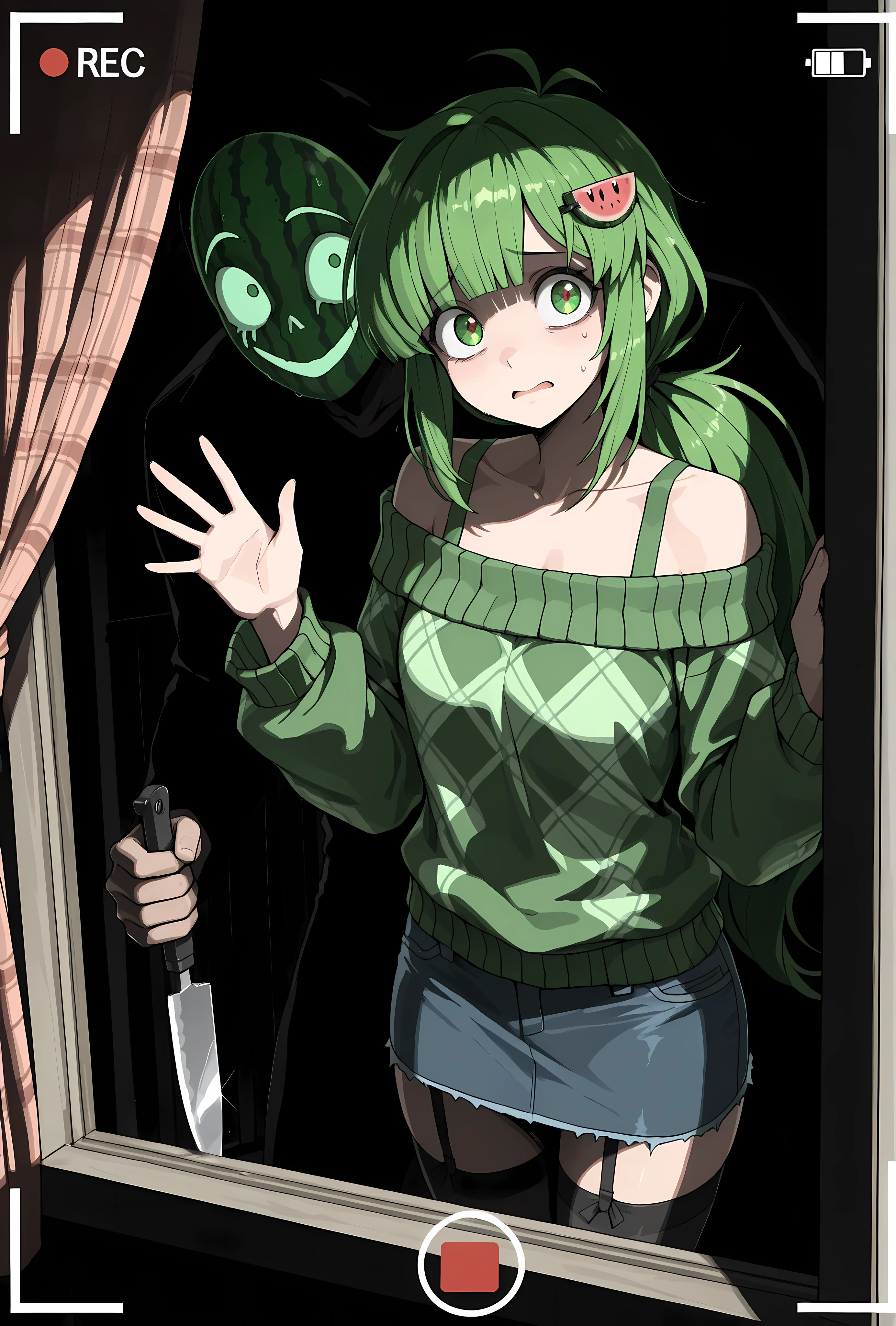 (masterpiece:1.2, Best Quality), (finely detailed beautiful eye: 1.2), (beautiful detailed face), camera frame with “rec” in top left, dark, creepy. character: Vannamelon, standing, back to viewer, she is looking out her window, she looks worried and afraid, peering through the curtains as if hiding, green off-shoulder sweater, denim skirt, stockings, thin, green hair, small watermelon shaped hairpin in hair, the melon hairpin has a scared face, green eyes, long hair , low ponytail, thin, outside the window we see a large man who cleaning the gutters on the adjacent house, a fence separates the window view from the house, the man wears a flannel shirt with slacks, his hands are bulbous and miscolored, he is waving, he has a freaky mask, the man is holding a knife