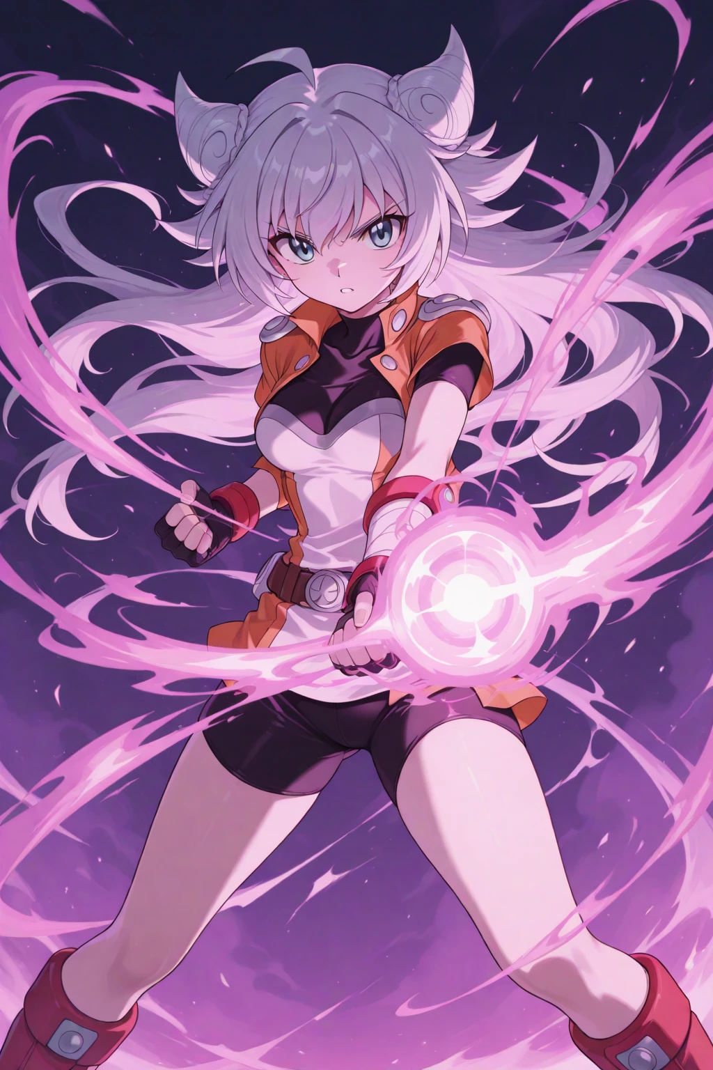 <lora:NGNL Zero Shuvi:0.8>, NGNL Zero Shuvi, action pose, hands on side, flying, holding a magical orb, dramatic wind
