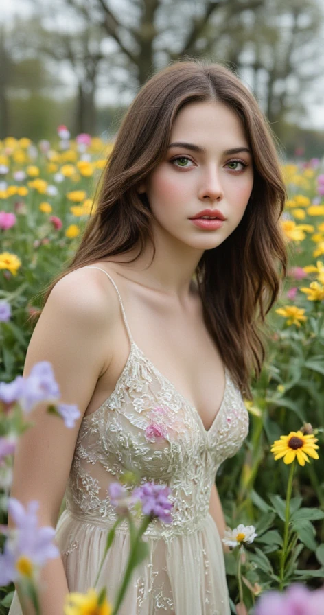 A beautiful woman walking with a poodle dog in a gorgeous floral field, detailed portrait, beautiful eyes, detailed face, long eyelashes, elegant dress, photorealistic, 8k, high quality, hyper detailed, vibrant colors, natural lighting, cinematic composition, serene landscape, rolling hills, lush greenery, colorful wildflowers, soft focus, warm tones, atmospheric