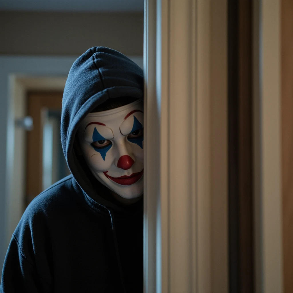 Terrifying hooded young man with a lead sweatshirt and a smiley face mask and with his hair covering half of his face with bloody scissors with a clown behind him