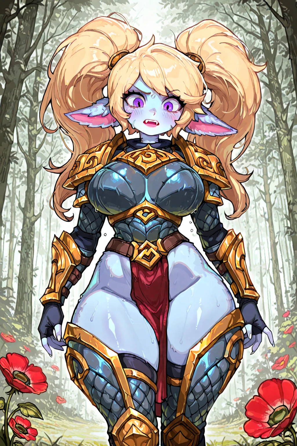 amapolalolxl, yordle, small pile, purple eyes, by rubio, two tails, blue skin, colored skin, Golden armor,green snakeskin shirt, green snakeskin pants, coffee boots, standing, looking at the viewer, Alone, forest, tree spread pussy, bottomless, nude, back, short, sexy, legs open, masturbating, Chibi, sexy figure, big breasts, Vaginal prolapse, exaggerated prolapse, Ahegao, Uterus, 