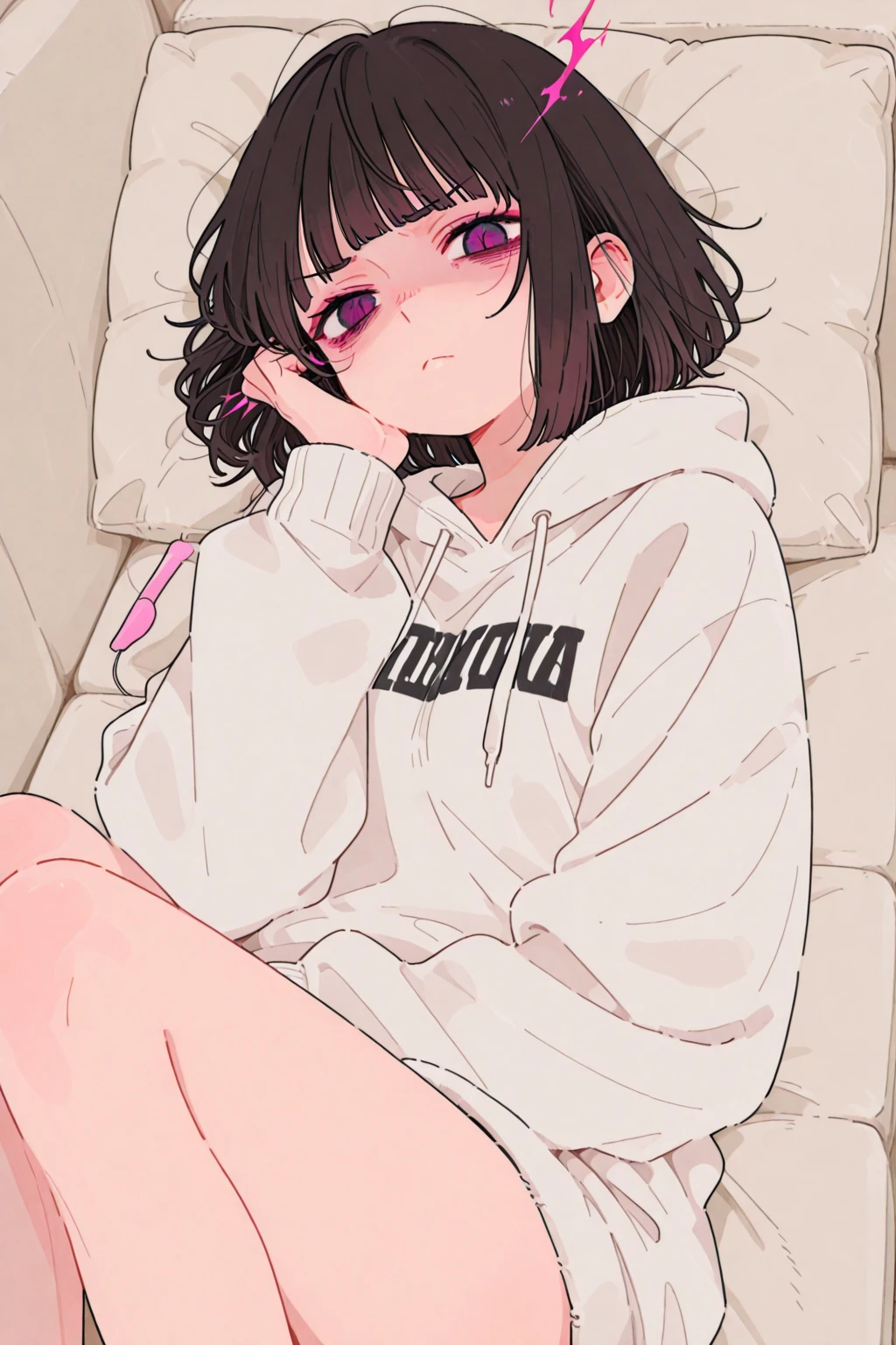 ((best quality,4K,high resolution,masterpiece:1.2)),  (whole body:1.2), (Young Girls),(((Love Hotels)))、Contempt、 、Pick and black hoodie、1 Girl, Black Hair, long hair, Sleep, Light Particles, wallpaper, Extra short hot pants，A young girl lies flat on the bed in the bedroom, hugging her knees and showing a cute expression in the sun.