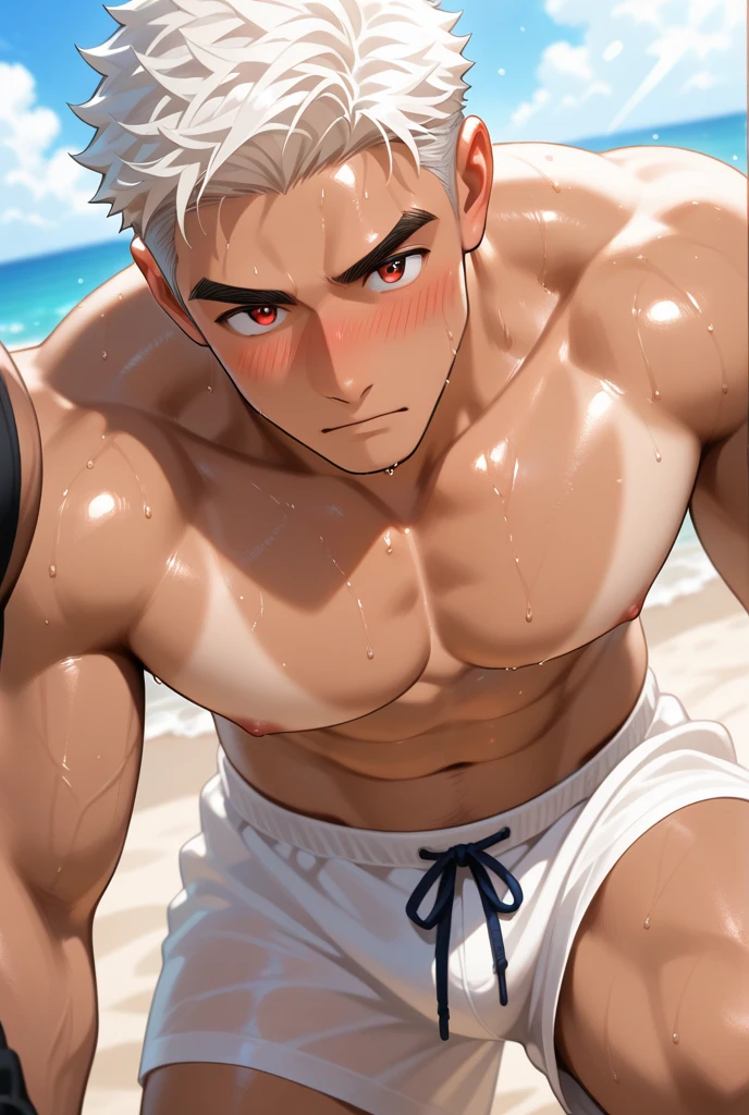 There is a young chubby teen boy looking at the camera. He has red eyes. He has white hair. He is good looking. He is wearing a red speedo. He is smilling.