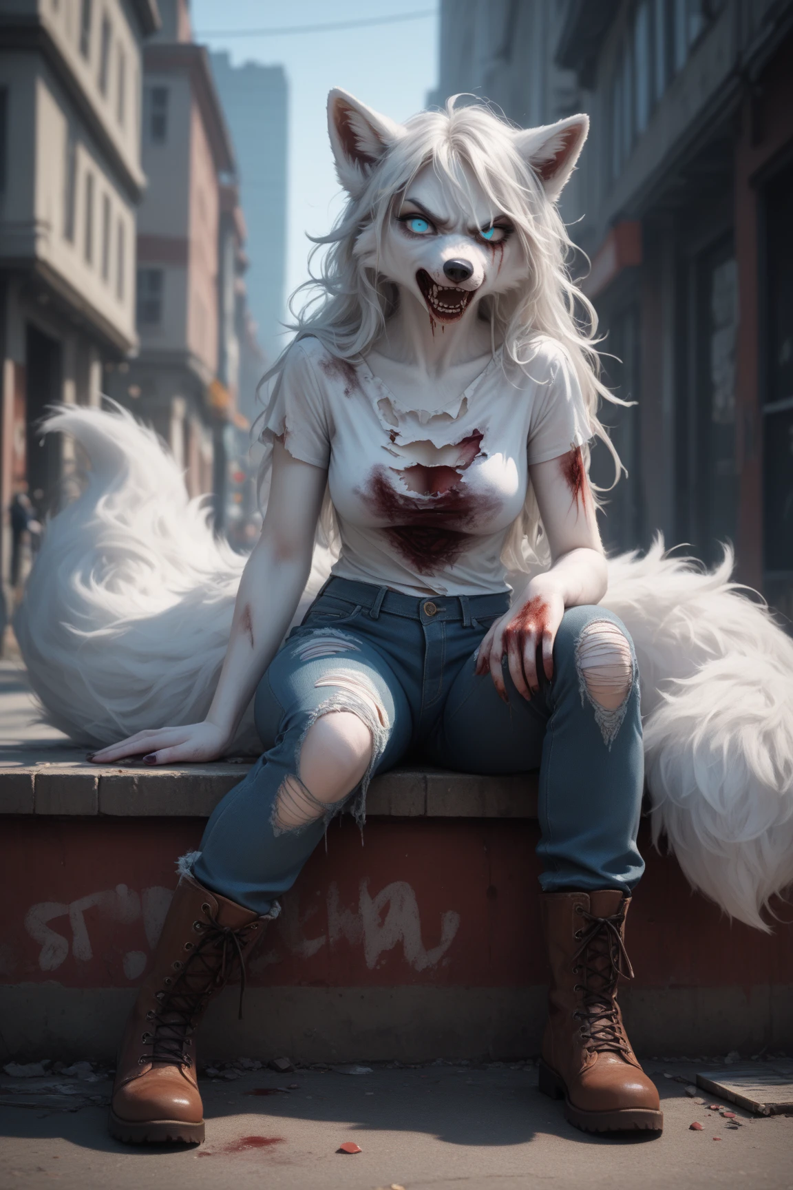 Loona from Helluva Boss, female white wolf, anthro, mature adult, short fluffy white hair, grey eyes, grey apron, green long sleeve, green cargo pants, black boots, covered in blood, standing, cold stare, bloody face, detailed, solo, beautiful, high quality, 4K