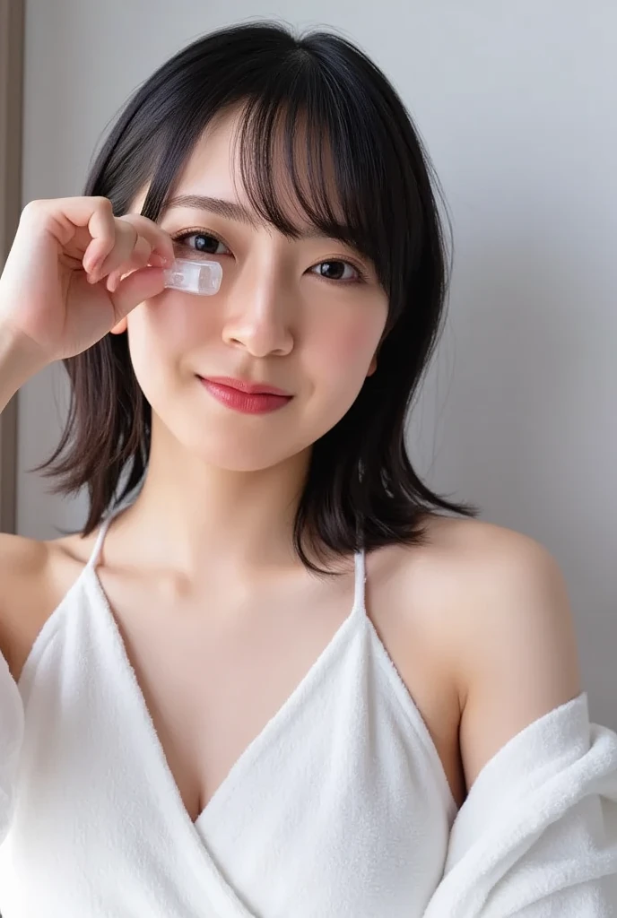 A naked Japanese girl shows her face in pleasure as a milking machine touches her breasts