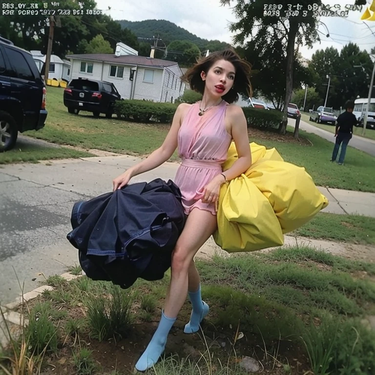 (8k), (best quality), (masterpiece:1.2), (realistic), (photorealistic:1.2), ultra-detailed, woman group, naked on the (light blue trash bag:1.3), skimpy, collarbone, sexy, walking downtown happily