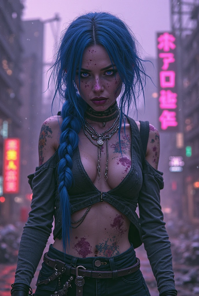 Arcane Bad Luck,(naked breasts), without bra a woman with blue hair and tattoos, cyberpunk woman anime woman, pants, Beautiful angry cyberpunk goddess, cyberpunk artstyle, cyberpunk anime digital art, cyberpunk anime art, Arcane Jinx Retrato, cyberpunk anime art, cyberpunk themed art, Cyberpunk dark fantasy