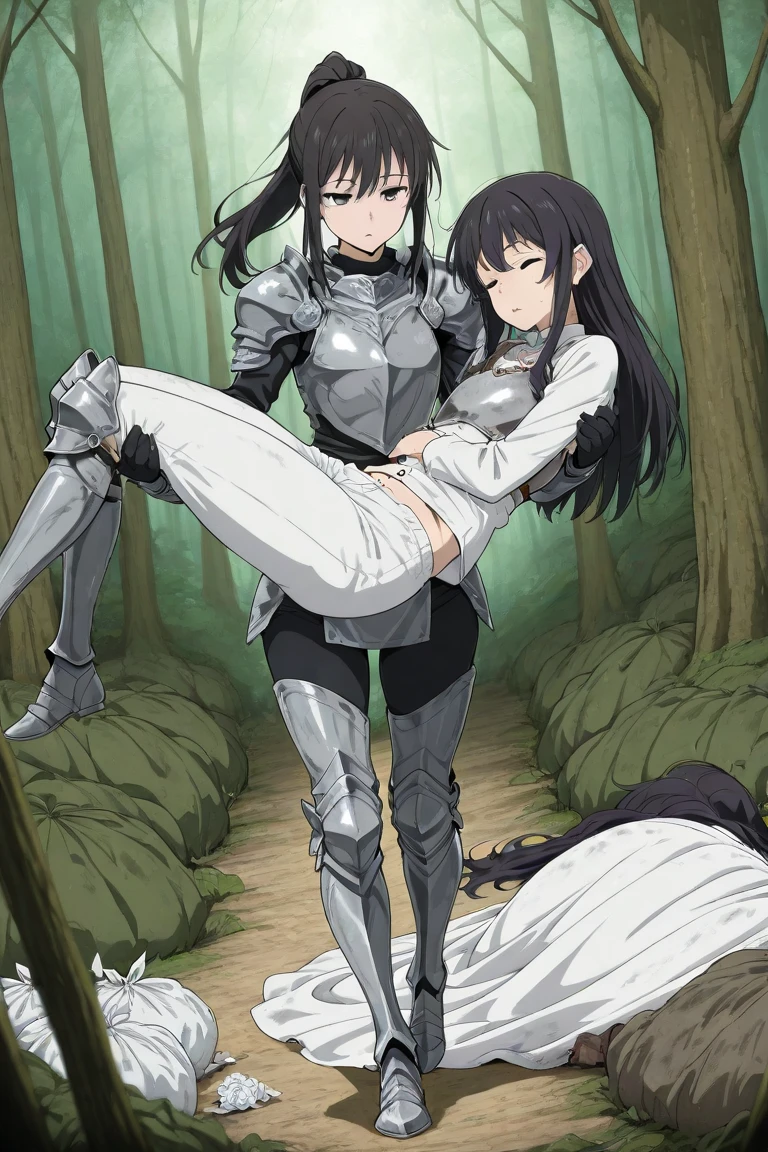 female knight　armor　tiara　Black Hair　Shortcuts　Torn white tights　battlefield　In combat　Holding back tears　No underwear　Pussy　sisters apart in age　Height difference　heavy rain　defeat
