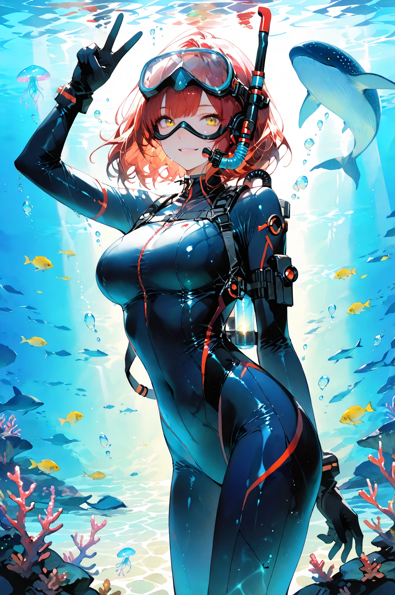 ((Finest quality)),(超A high resolution),(ultra-detailliert),(Meticulous portrayal),((Best Anime)),(Finest works of art),sharpnes,Clair, ((Adult woman enjoying scuba diving)),Snorkel mask, Beautiful coral reefs