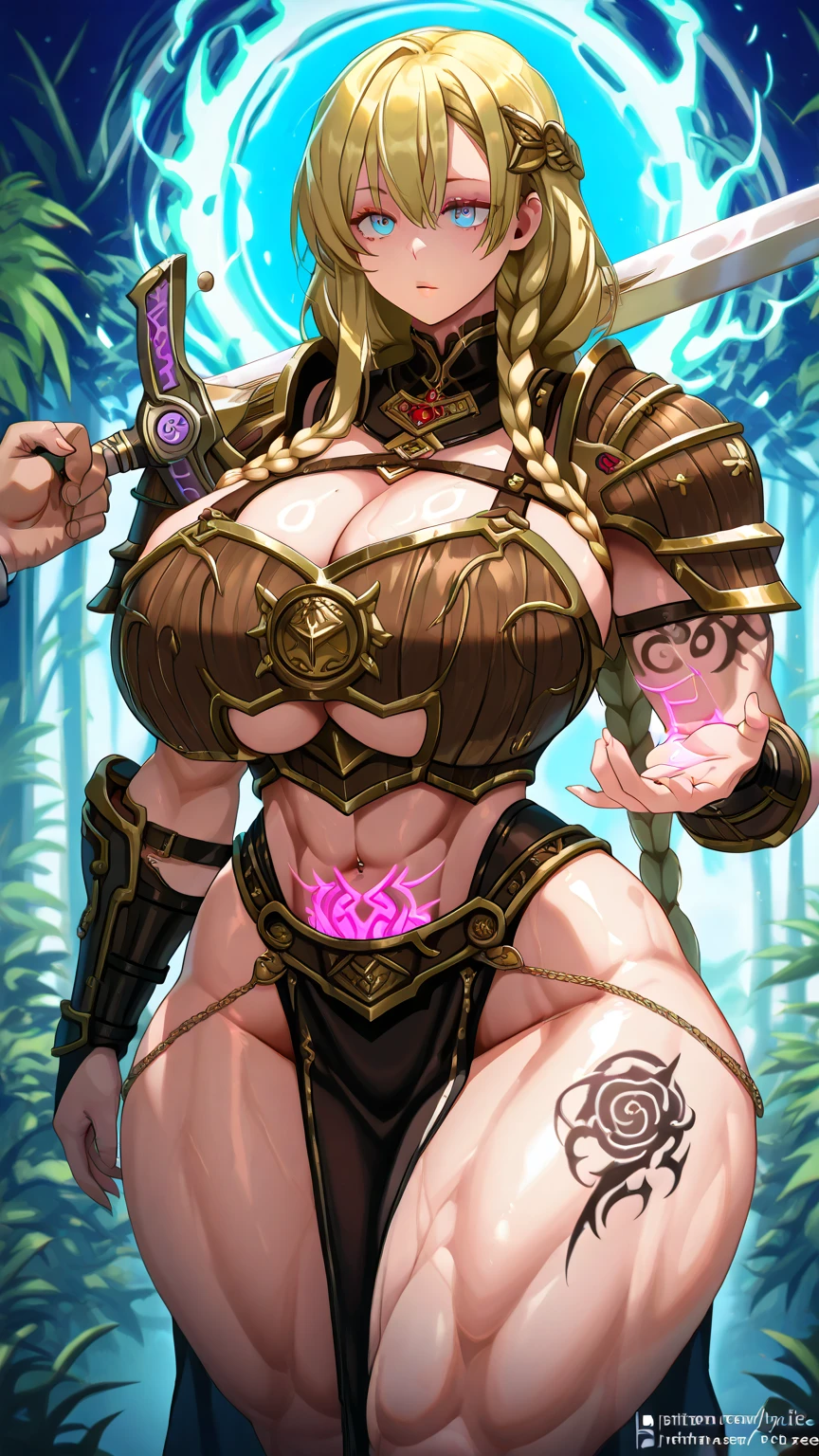 Elven knight, fantasy, plate gauntlets, plate greaves, butt cape, blonde hair, smiling, large holding a short sword in her left hand, holding a staff in her right hand, action pose, bikini armor, pasties, busty, plate boots, delicate, soft features, beautiful detailed face, shiny skin, elegant, beautiful, messy bun, thick thighs, large ass, huge breasts:1.3, upper body, thick, skindentation