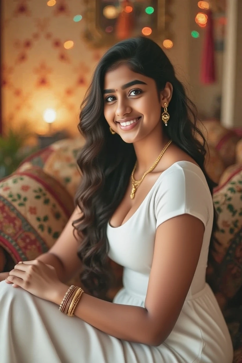 Indian girl, beautiful , smily face, wearing  white frock, looking very simple desi girl, sexy pose, close look