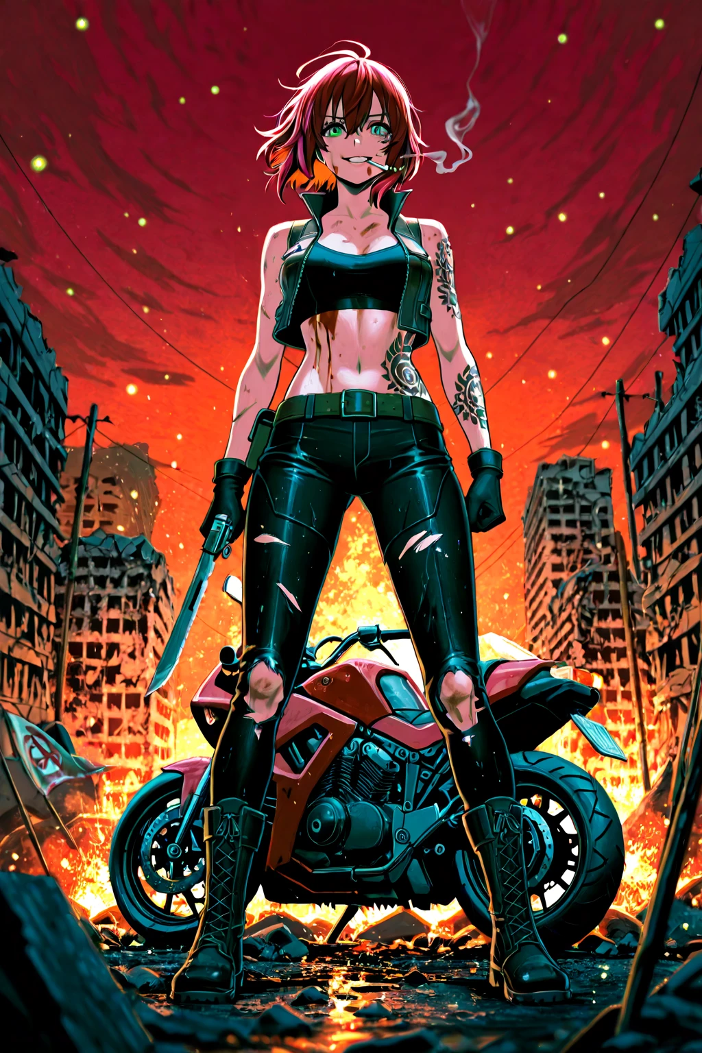 Black woman with big curly hair ,sitting on the floor with her legs open showing her vagina, and harley daivdson motorcycle in the background 