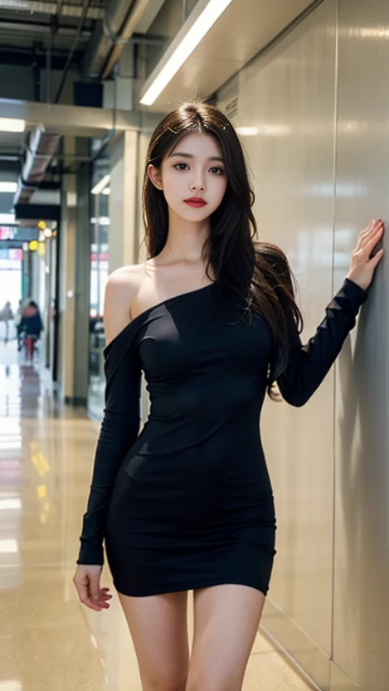 ((1girl)),((masterpiece)), ((best quality)), ((ultra-detailed)),((hyperrealistic)),(japanese cute girl),(shiny skin),((plain forehead,forehead)),((black hair)),long hair,(black big eyes,tareme,droopy eyes),(small breasts,slenderbody),,miniskirt:1.5),(thigh gap:1.2),dynamic angle,from back,from below,shop,walking,smile,