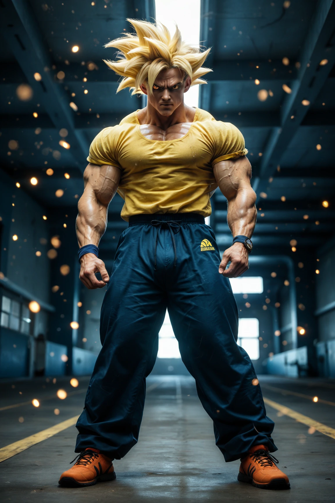 Masterpiece, Best Quality, Super Detailed, High Definition, HDR, Realistic, Depth, Fine Texture, Super Fine, Complete concentration, (very athletic man), beautiful man, dynamic pose (back pose), vibrant colors, white skin, energetic atmosphere, lens flare, cinematic light, volumetric lighting, detailed textures, real res background detailed room, movement and motion blur, blonde white hair
