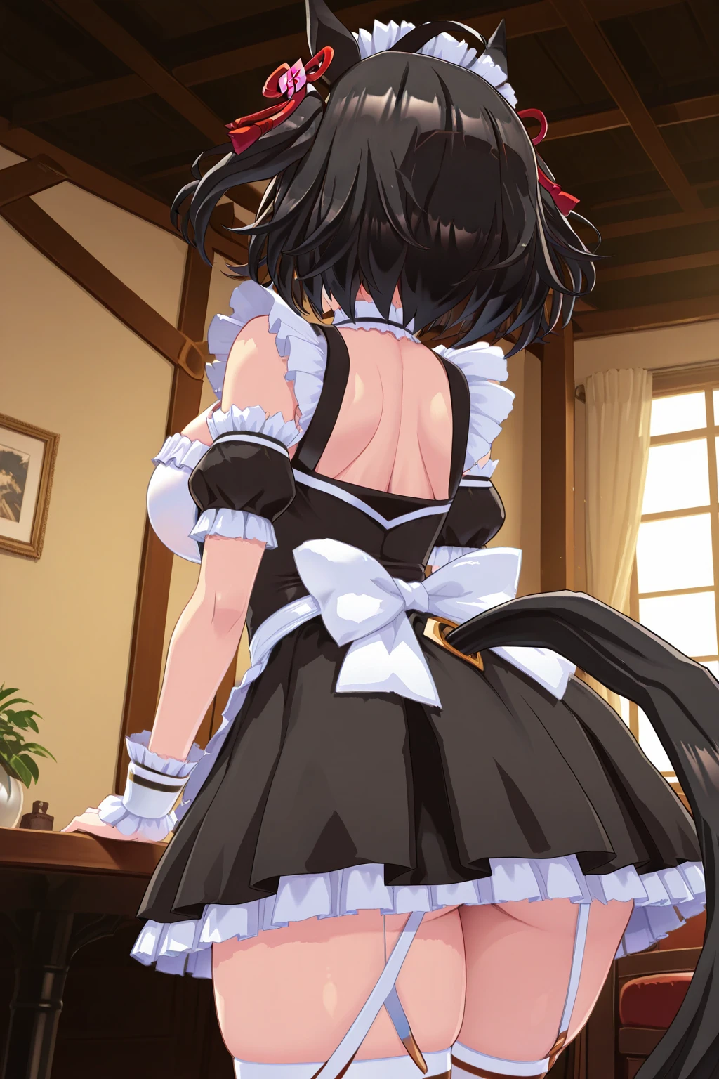 [[anime styled]],[[digitalart]],NSFW,1girl in,classroom,standing,(Portrait),face focus/close up,Looking at Viewer,Tomomi_Xijing,hair ribbon, Short hair,medium build,(black maid, maid apron), perfect anatomy,Smile,blush,Perfect Lighting,(strong light),((brighten the subject)),oily skin,cury:1.2,,Best Quality,megami magazine,anime screen cap,Flat color,cel shading,Panties,short torso,((white Panties)),Skirt lift,(tucking up the skirt),Panties,Show panties,pantyshot,up skirt,