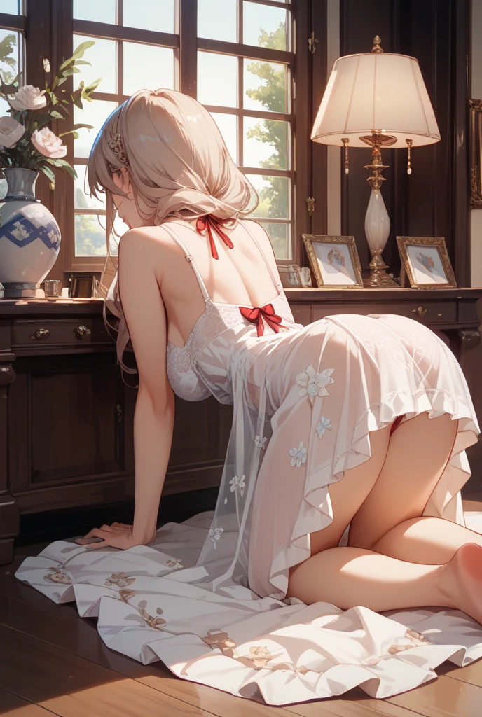 1 sister, Alone, from back, Take a step back, Being in the room, bunk, dressed in, Barefoot, Beautiful and cute pose, hairpin, Side breasts，sit on legs