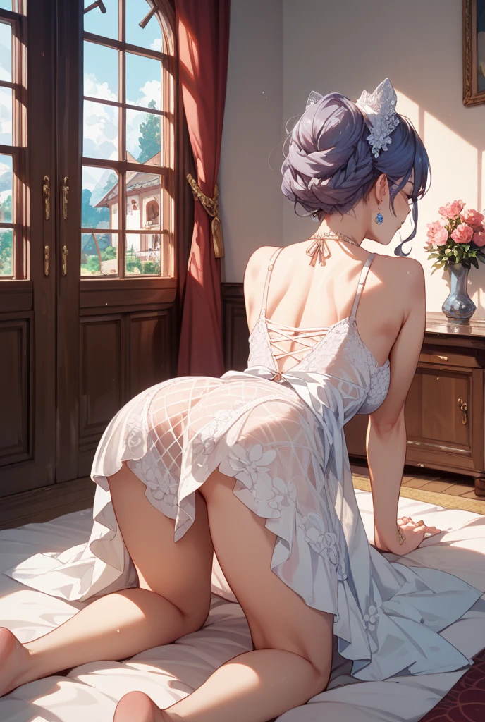 Super detailed、(8k, RAW Photos, highest quality, masterpiece:1.2), (Highly detailed 8k wallpaper),Professional Lighting,Sharp focus, Depth of written boundary、Ticker,((Photographed from the front)),((((Back view of a beautiful bride)))),((Pink fluffy short bob、Rainbow colored curly hair、Curly Hair))、((Complete wedding dress,Lace veil、Lace Shawl、tiara、necklace))、((((dorsal position,Back view)))),(((Put your hands on the bed))),((Sweat)),((blush)),(((Very embarrassed、Watery eye))),(((Open your mouth、Steam comes out of the mouth))),flower、(Luxury Bed)、(((Bed stains))),(((night)))、(((Hide the crotch with a skirt))),(Correct number of upper limbs、Correct number of legs、The correct number of fingers、Correct number of toes)