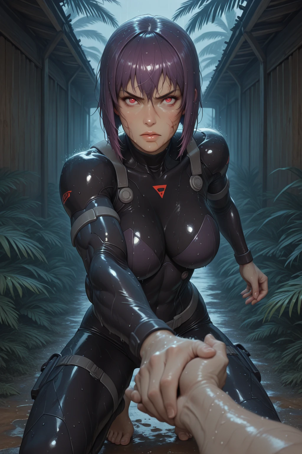 Motoko Kusanagi from anime Ghost in the Shell, inverted bob hair, dark blue hair, ponytail, :3, cat ear headband, bikini, intricate detail, depth of field, cinematic lighting, backlighting, (masterpiece), (high details), award winning, high quality, best quality, 8k, crawling on the floor, floor, looking at the viewer