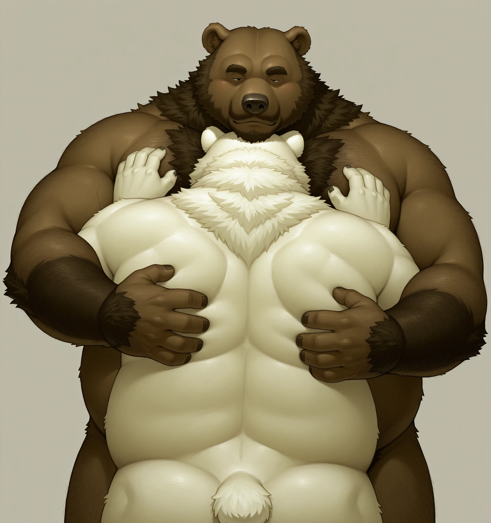 Two anthropoids, one of them is unusually enormous and growing into immense body height in a small shower enclosure with small space around him, its hunched body filling the thight and small space around, its huge and round belly is dominant, the small anthropoid hugs the huge anthropoid belly thightly; size difference, male,canine, anthropoid, dog, pitbull:1.4, (dark and thick grey and wet fur:1.8, thick furred body, fluffy fur, thick fur, wet fur, naked),( cut ears:1.0), big fluffy furred balls, chubby:1.2, (the small anthropoid hugs thw round belly, huge belly, bloated belly, overweight belly, inflated belly, belly inflation fetish, belly weight gain fetish), big body, wide and bulky body, immense and bulky body, thick neck and chest, (middle-age), (musclegut:1.4, thick body:1.2), (immense height, immense body height:1.8), (yellow eyes:1.2),detailed black eyes, looking at viewer, tail, (full body:1.2), growing:1.6, immense grow, overgrown body size, (by darkgem),(by OnePotatoATime),(by adios:1.2),(by taran fiddler), side view, side angle, 4k,masterpiece,full hd, BREAK