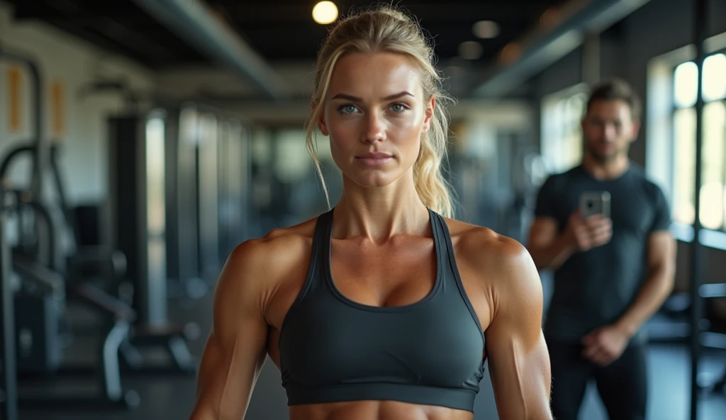 Skinny blonde european fitness woman with feminine muscles