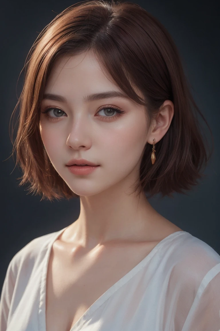 (masterpiece), (Best image quality), 8K resolution, Ultra-fine, 超Ultra-fine, realism, realism, 30 year old mature woman、 Small face, No makeup、Beautiful Face、 short hair, Dark brown hair, Beautiful and beautiful eyes, Bust B cup, 、Small breasts、Silk dress、Cool pose、Gray background