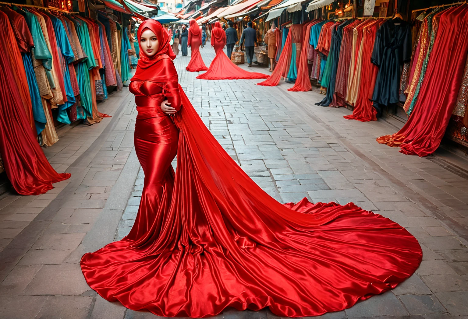 A woman shrouded in a 4-meter-long, plush red satin cloth, tightly bound and grandly draping along the form of her body, flowing off into a pooled floor-length train, styled in a mermaid-inspired outfit, her head modestly veiled in a satin hijab, tall woman, walking in market, a full-body pose posing in front of people, captured in a 4k resolution, ultra-realistic