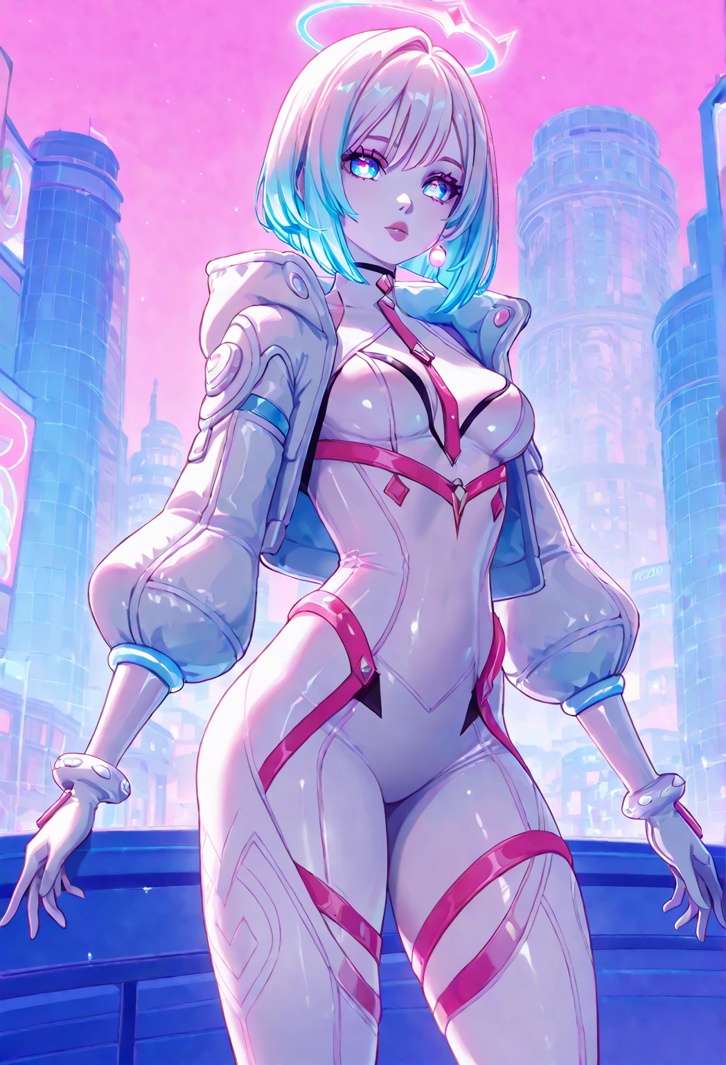 Create a digital anime-style image of a young woman with a modern, pink hair, hair cut side shaved head, eyes blue, lips atractive, beatiful fitness of her. edgy appearance standing confidently in a dimly lit room with a cyberpunk aesthetic. , styled hair with vibrant colors, The room cyber with window. high details. bodysuit showing the legs and feet. kneeling, large breasts, cute nose, seductive, white choker, pink lips, freckles, pretty girl, showing the legs and feet