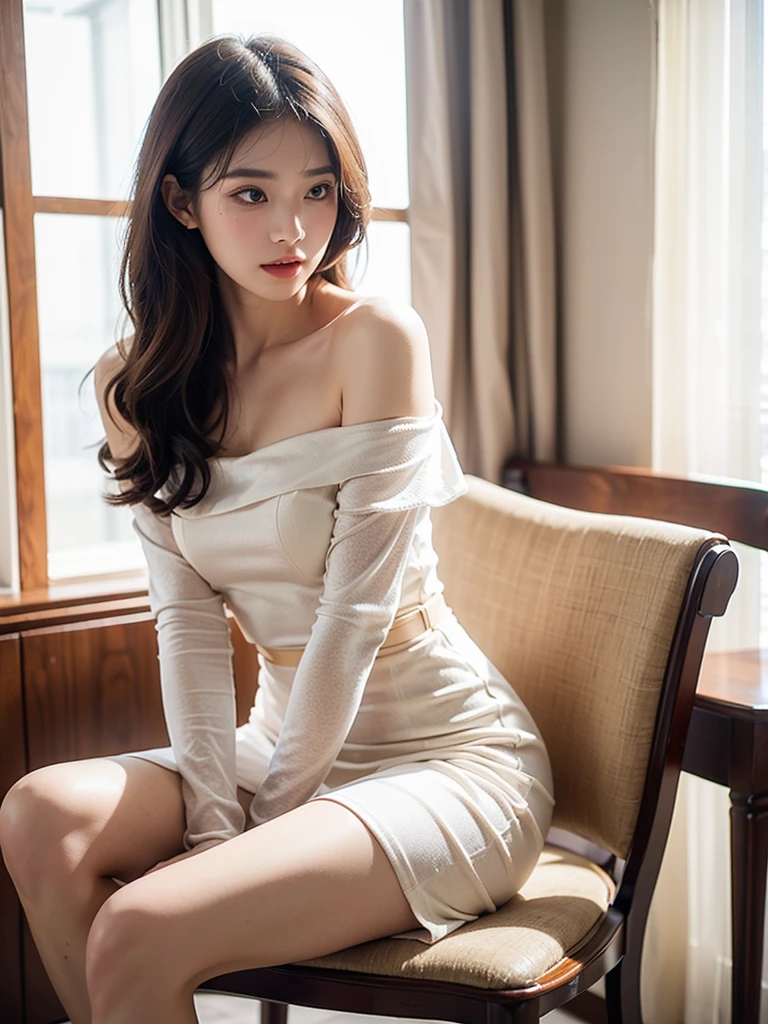(female: 1.2), (Slim shape), (5 thumbs), (big breasts: 1.2), (Long haired mullet), (Cool white dress), (ring finger diamond ring), (Medium heel shoes), (bracelet), Masterpiece, realism, sit on your own legs