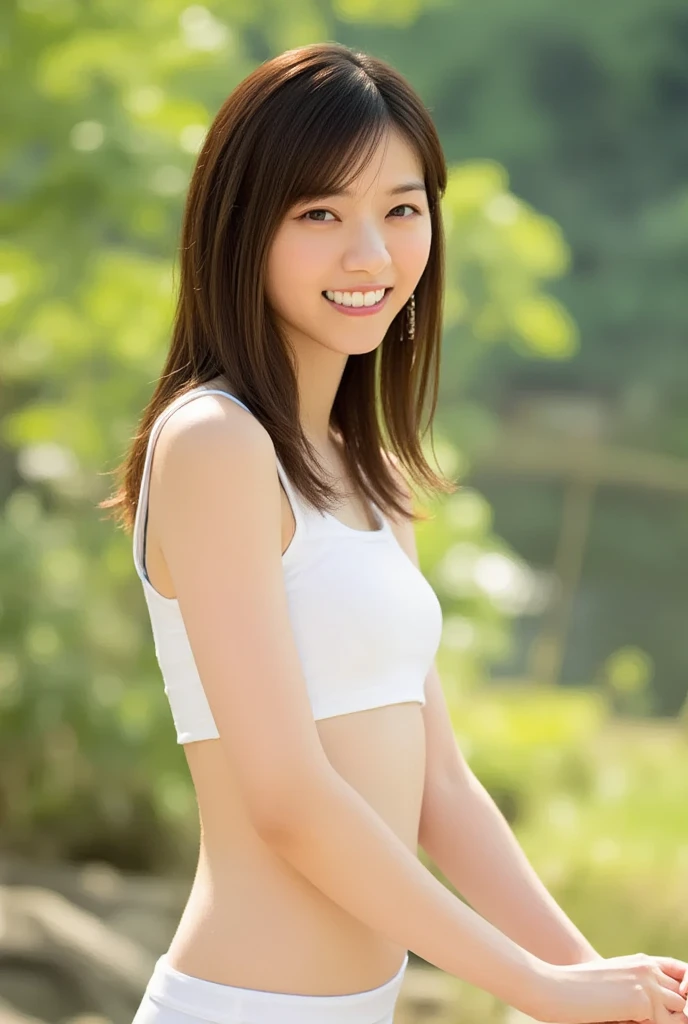 (8k、RAW Photos、Highest quality、masterpiece:1.2)、(Realistic、Realistic)、1 girl、((、Swimwear、Frills、smile、Beach、Large Breasts、whole body、garden、View from the front、Looking into the camera、Stand with hands on hips))、