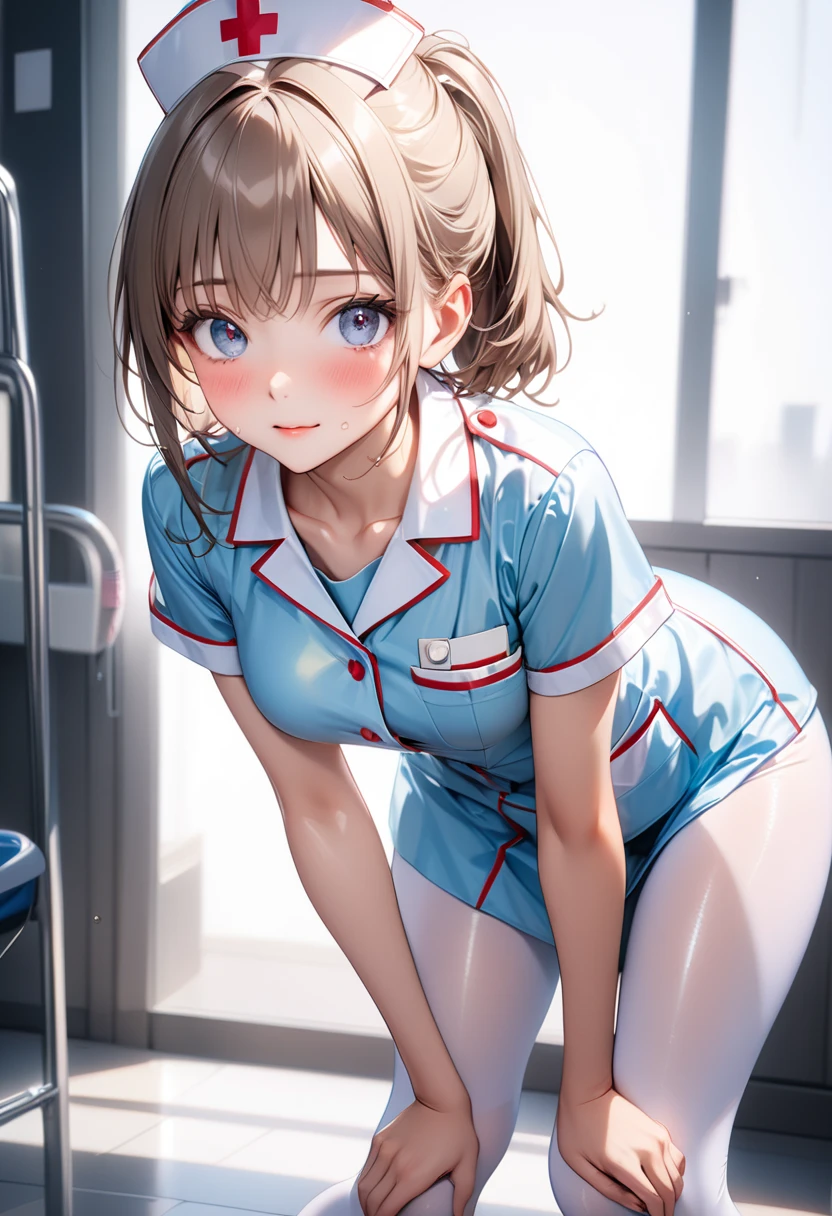 (((nurse uniform), (white pantyhose), (Shiny Costumes))), skindentation, skinny, solo, 1 woman, Masterpiece, highest quality, highest quality, 16K, incredibly absurd, highly detailed, 2.5D, ai-generated, delicate and dynamic, very delicate facial expressions, delicate eye depiction, erotic, only sexy woman, ((A cute and kind face)), healthy figure, ((25-year-old woman)), 160cm tall, medium firm swaying bust, blush, Sweat,Embarrassed,sexy, ((thin thighs)), (camel toe:0.7), (visible nipples:0.3), (Erect nipples,:0.7), shiny and lustrous, facing straight at viewer, (((in heat))), ((Oily_skin)), ((dutch angle)), ((erotic pose)), ((one keene)), latex,
