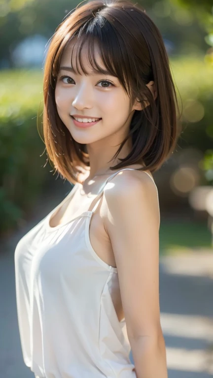 Enhanced dynamic perspective,Cute cute beautiful girl,((Ruffled White Cotton Off-Shoulder Top))、Short pants、Look at me and smile, backgound,Works of masters,high quarity,4K resolution,super-fine,Detailed pubic hair,准确,Cinematic lighting,Leaves the original facial proportions、(Huge breasts)、
