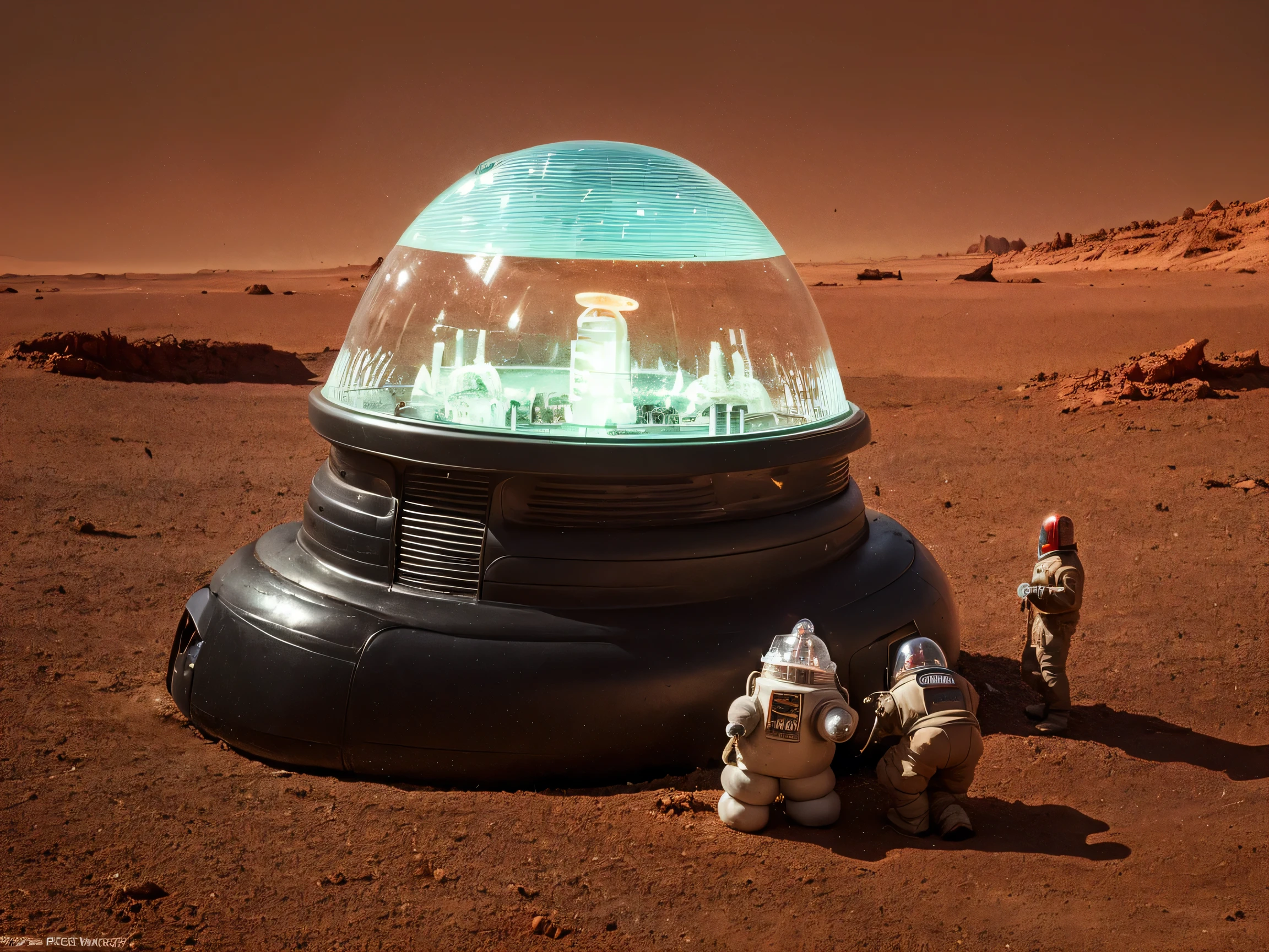 8k, (Robby3), (full body, cone shaped glass dome head, glowing vacuum tubes inside head, rounded cylinder-shaped chest, Michelin man legs), (red desert planet, glowing horizon, flying saucer, Martian landscape),