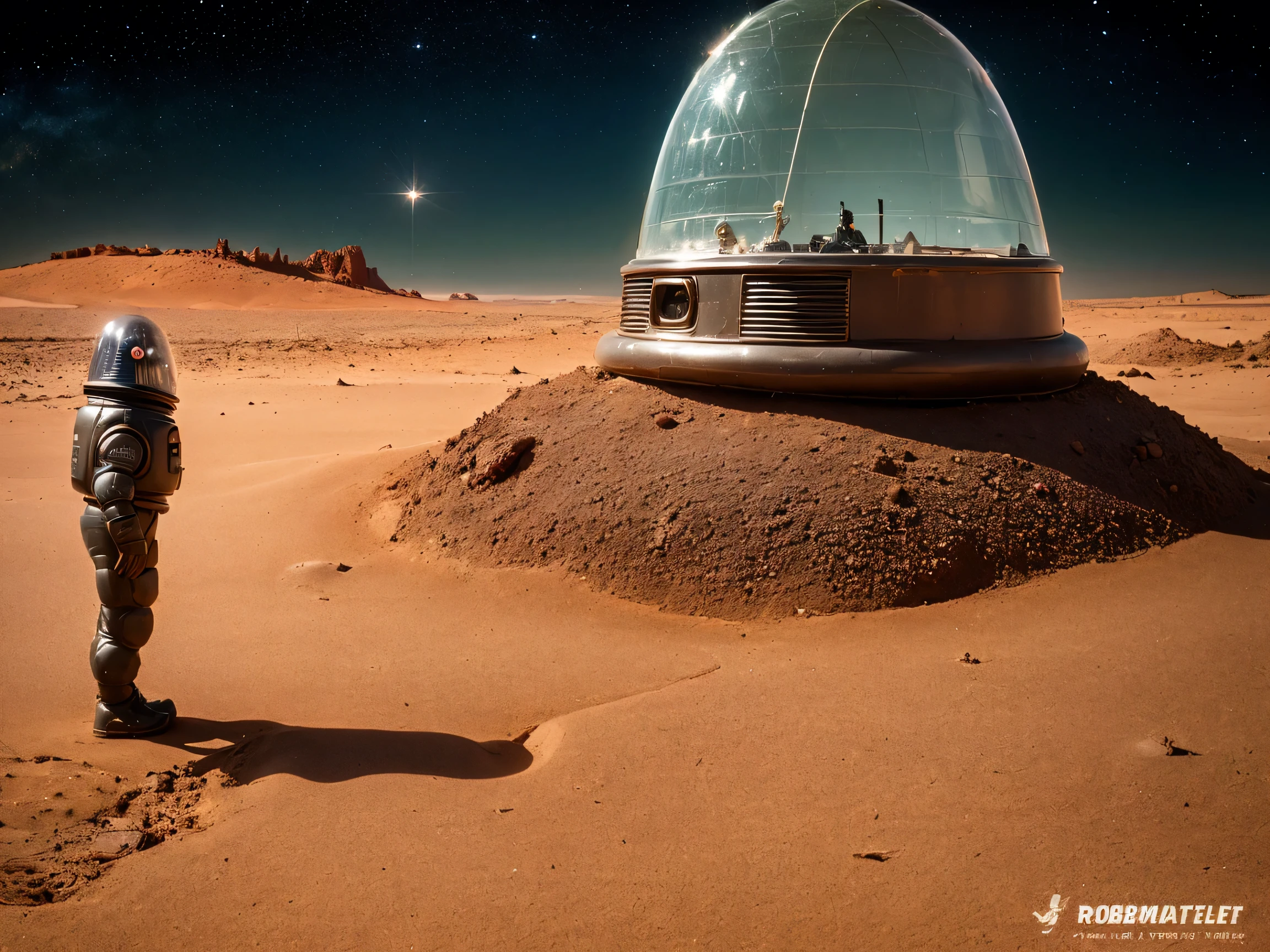 8k, (Robby3), (full body, cone shaped glass dome head, glowing vacuum tubes inside head, rounded cylinder-shaped chest, Michelin man legs), (red desert planet, glowing horizon, flying saucer, Martian landscape),