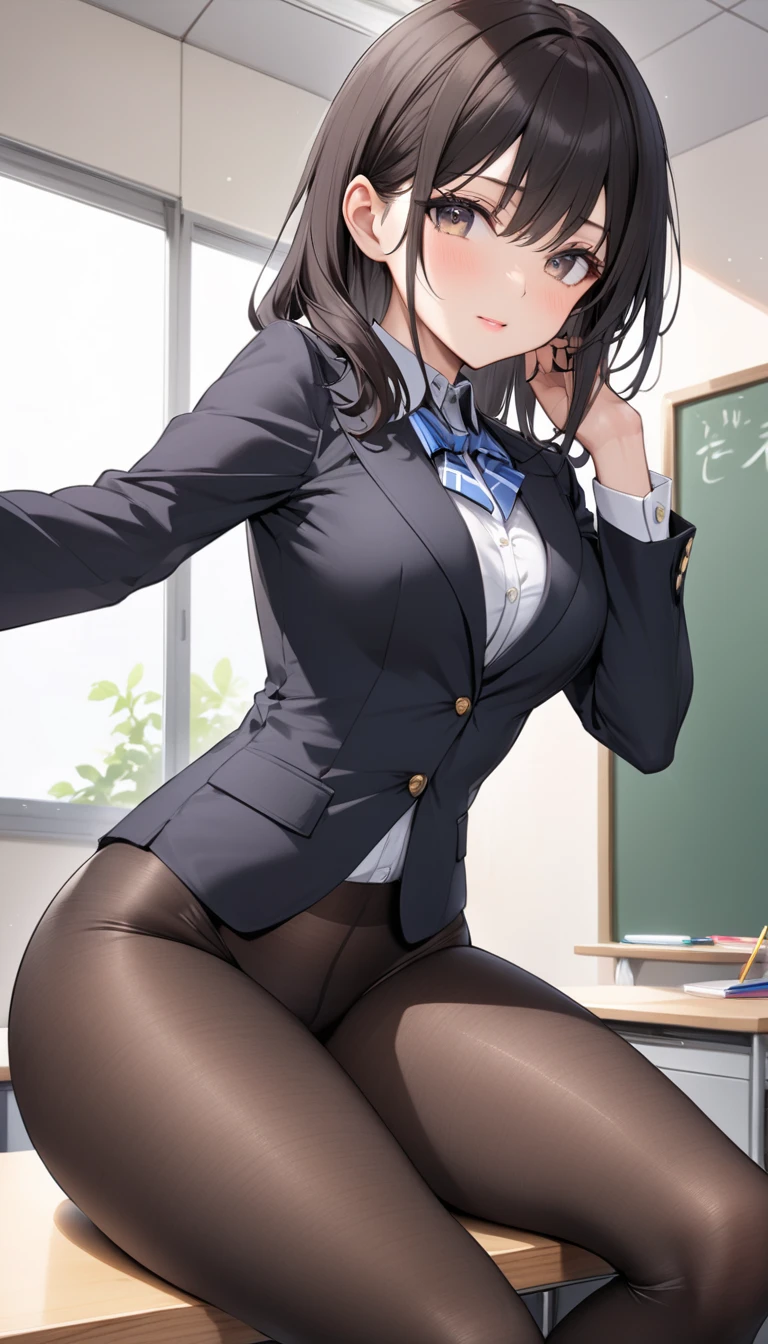 One girl, Five Fingers, mini skirt, Looking down at the viewer, Twin tails, highest quality, Focus on the thighs, Dynamic pose, smile, blazer, blouse, Black Pantyhose, panties under pantyhose, Standing Split, classroom, Black Hair, Stylish pose,Thick thighs、My crotch is steamy 
