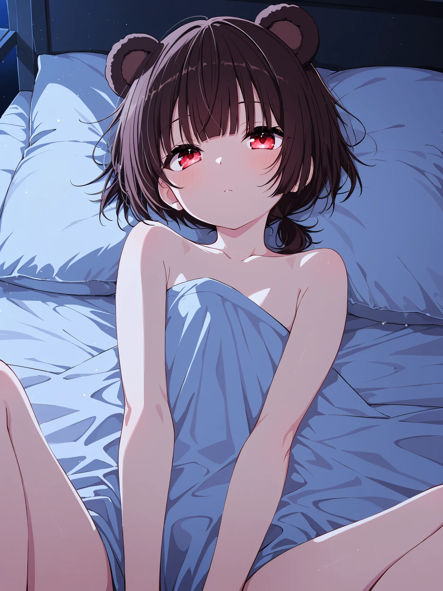 best quality,best resolution,(fluffy anthro furry :1.3),(young :1.6),solo,rabbit girl,small breasts,black long hair,neck fur,white rabbit ears,white rabbit tail,whitefur,naked,lying on face,suite bedroom,night,building,light and shadow,full face blush,looking at viewer,heavy breath,sexy face,smile,drool,close eyes,heart eyes,heart expression eyes,side view